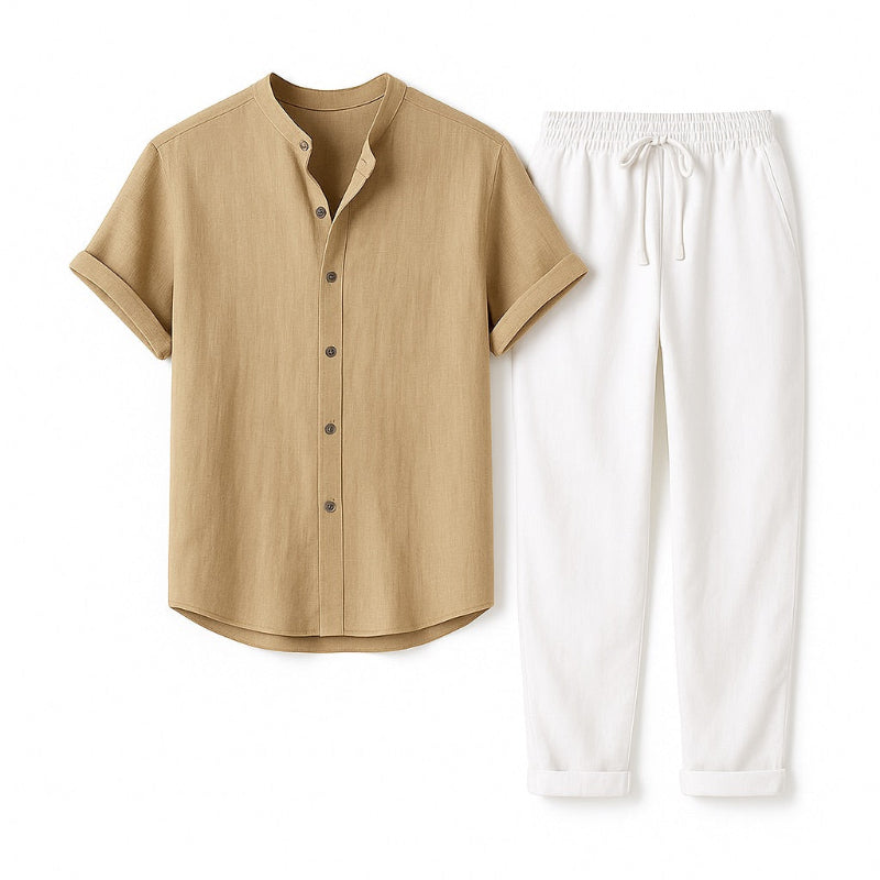 CityLife men’s linen shirt and white pants set in beige color