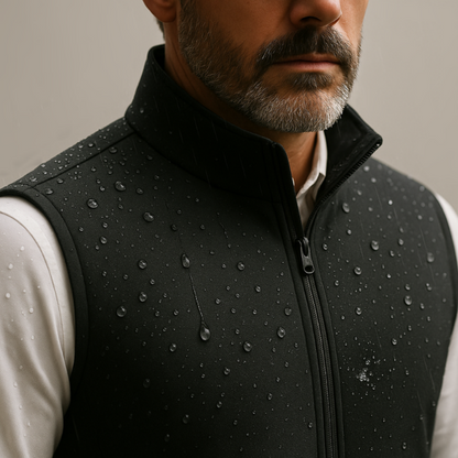 Male model aged 45-50 wearing Riccardo - Waterproof Softshell Vest in black, showing the waterproofness of the softshell vest.
