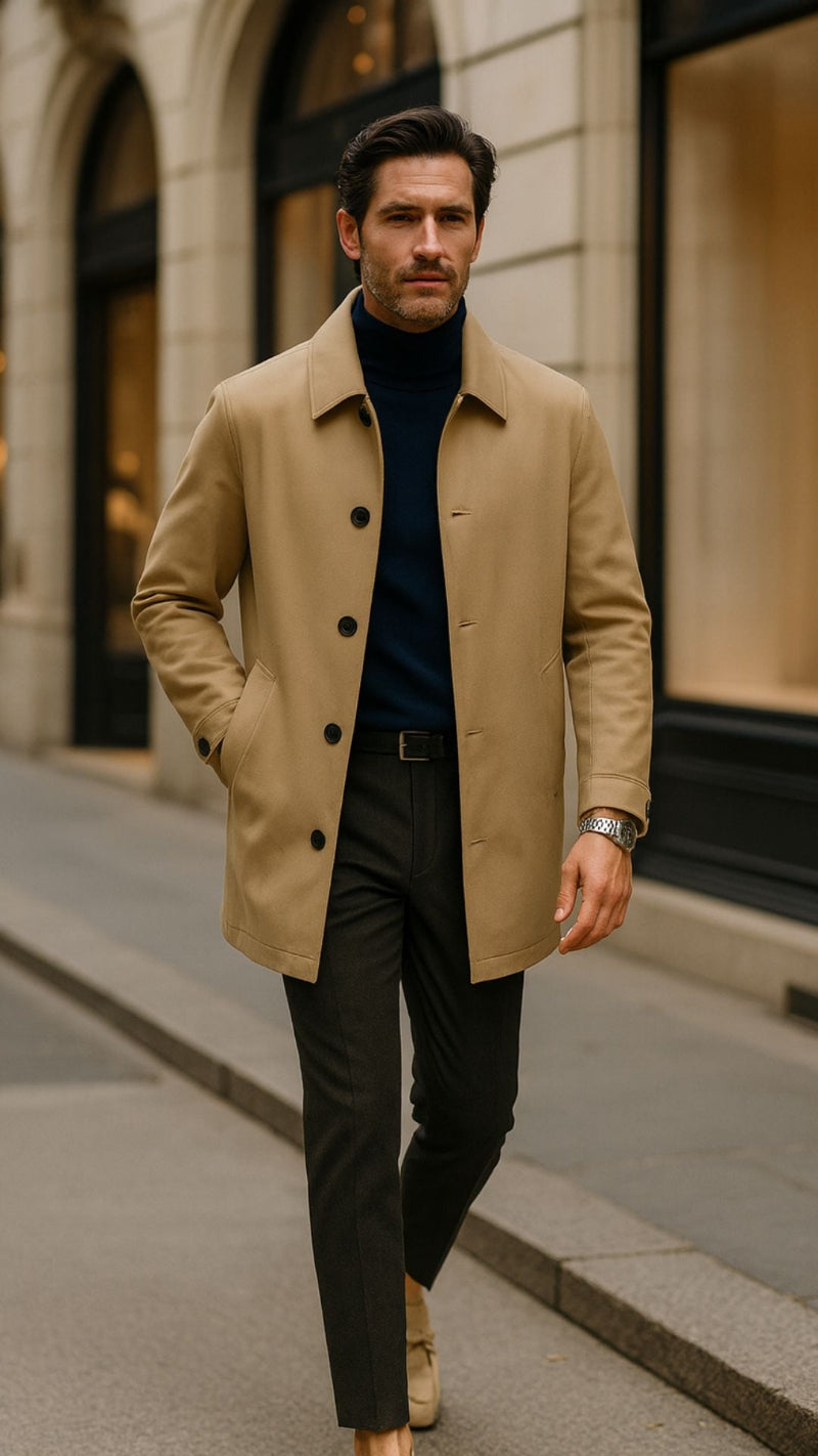 Polumi camel Giacomo Urban Coat styled with a navy turtleneck and dark tailored trousers. Sophisticated outerwear for city lifestyle and smart-casual men’s fashion.