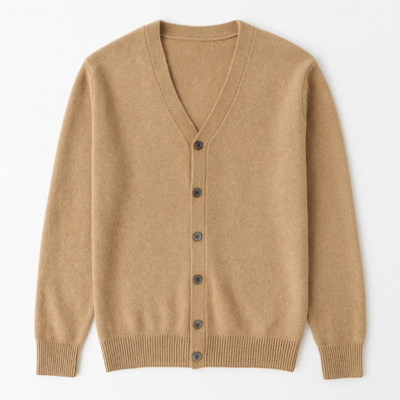 Beige Daniele Luxe Merino Wool Cardigan by Polumi — soft lightweight men’s knit cardigan ideal for layering with timeless classic appeal.