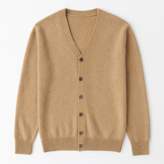 Beige Daniele Luxe Merino Wool Cardigan by Polumi — soft lightweight men’s knit cardigan ideal for layering with timeless classic appeal.