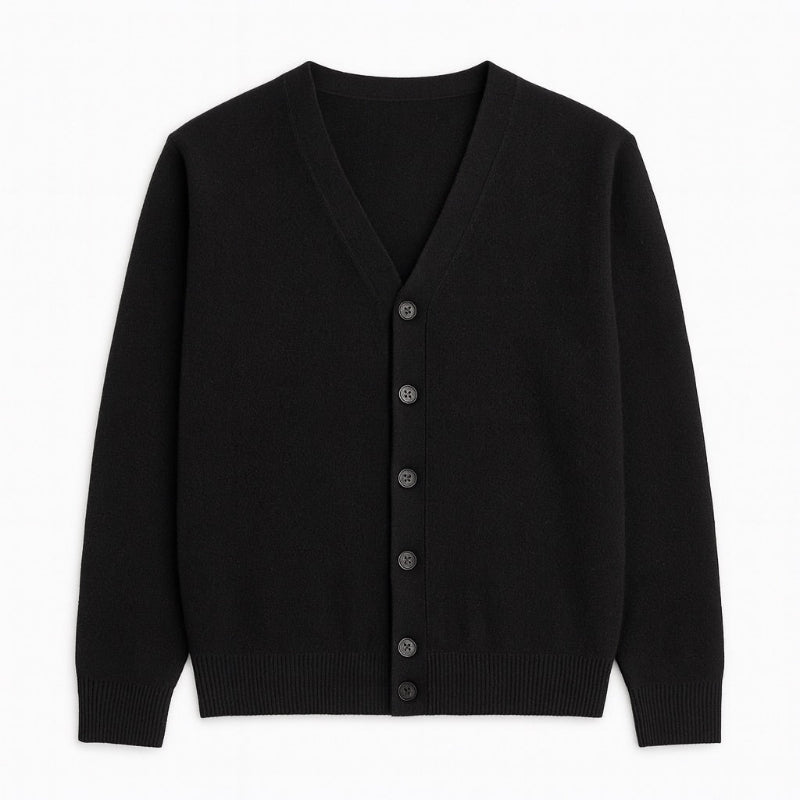 Black Daniele Luxe Merino Wool Cardigan by Polumi — elegant men’s winter layer offering versatility, softness, and timeless Italian-inspired design.