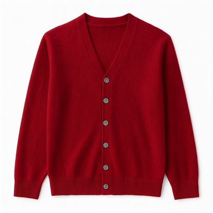 Red Daniele Luxe Merino Wool Cardigan by Polumi — luxury men’s V-neck sweater offering rich color and premium merino warmth.
