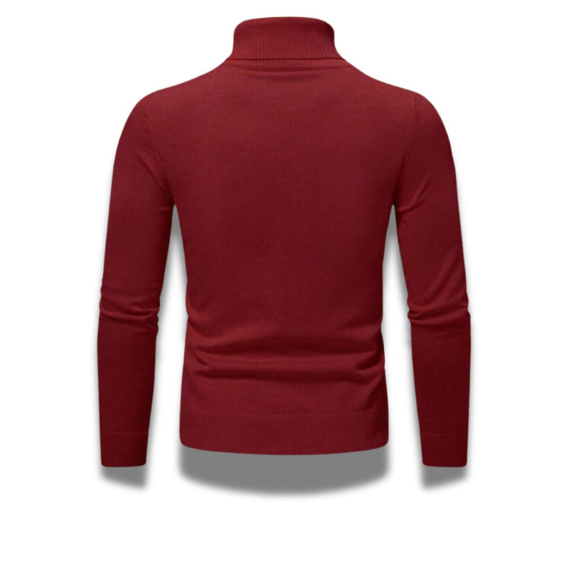 Purpura Red Dario Luxe Turtleneck Sweater – men’s elegant red turtleneck by Polumi with ribbed cuffs and slim silhouette.