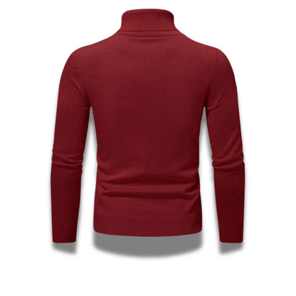 Purpura Red Dario Luxe Turtleneck Sweater – men’s elegant red turtleneck by Polumi with ribbed cuffs and slim silhouette.