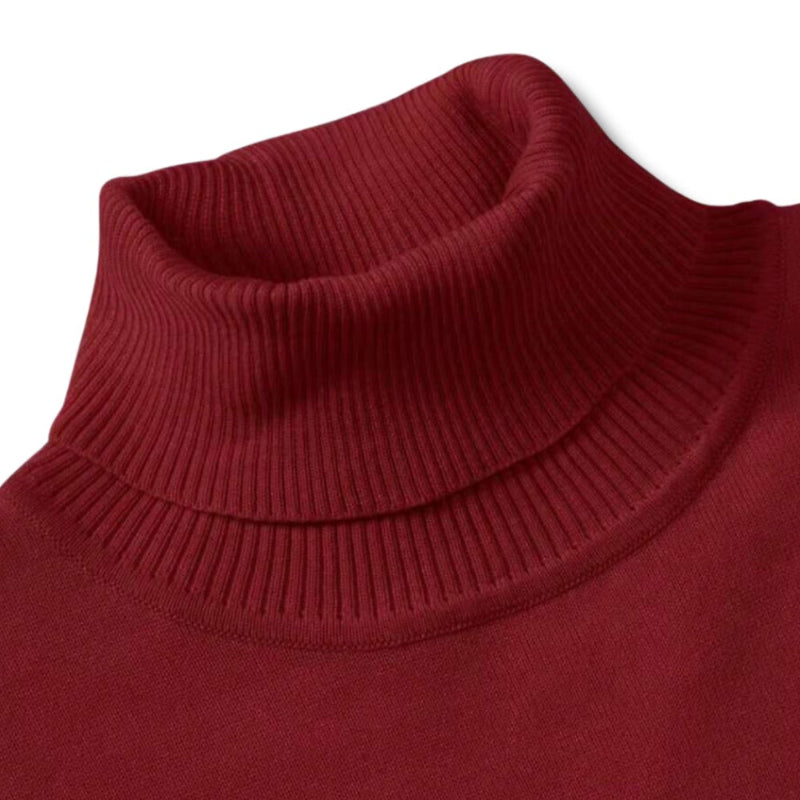 Close-up of the ribbed turtleneck collar – Purpura Red Dario Luxe Sweater by Polumi, premium craftsmanship detail.
