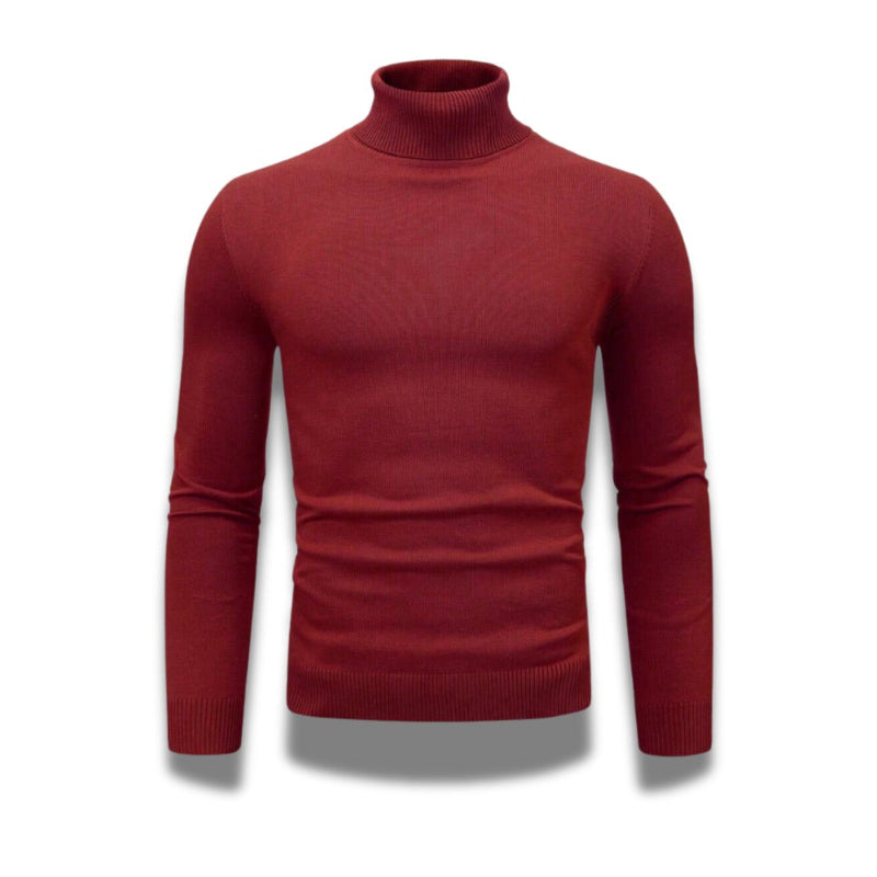 Purpura Red Dario Luxe Turtleneck Sweater – men’s elegant red turtleneck by Polumi with ribbed cuffs and slim silhouette.