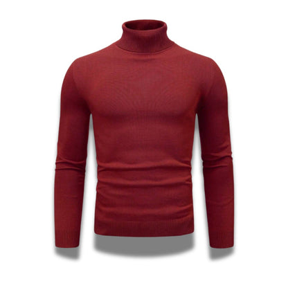 Purpura Red Dario Luxe Turtleneck Sweater – men’s elegant red turtleneck by Polumi with ribbed cuffs and slim silhouette.