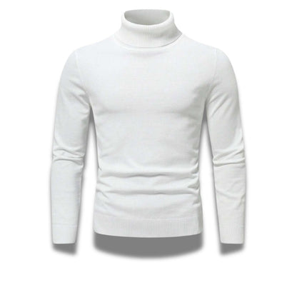 White Dario Luxe Turtleneck Sweater for men – elegant slim fit turtleneck by Polumi, perfect for layering and winter style.
