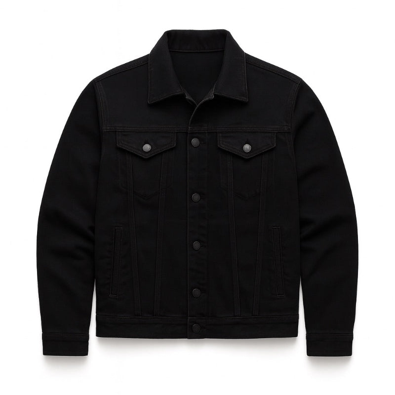 Davide Denim Jacket black – classic men's denim jacket with sharp structure, button closure, and minimalist urban style.
