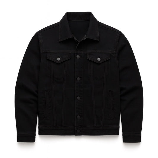 Davide Denim Jacket black – classic men's denim jacket with sharp structure, button closure, and minimalist urban style.