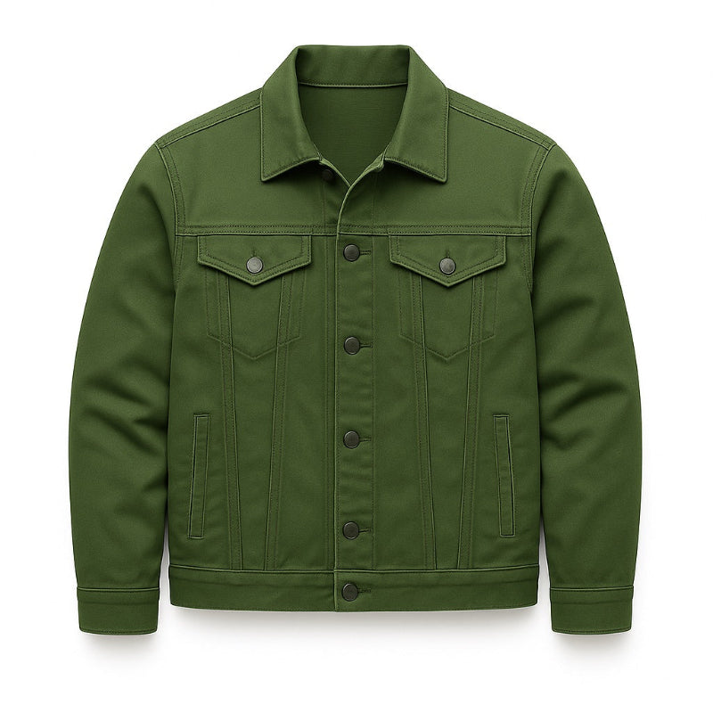 Davide Denim Jacket green – modern men's denim jacket featuring structured seams, matte buttons, and casual-chic silhouette.