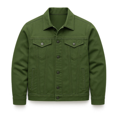 Davide Denim Jacket green – modern men's denim jacket featuring structured seams, matte buttons, and casual-chic silhouette.