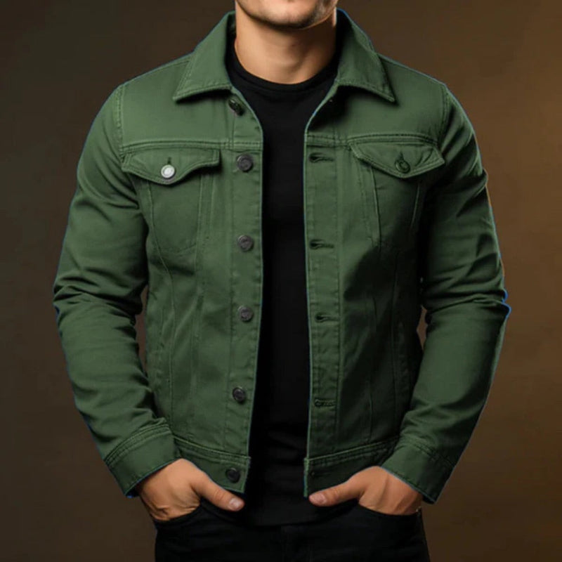 Davide Denim Jacket in army green, slim-fit casual men’s denim jacket with front pockets and button closure