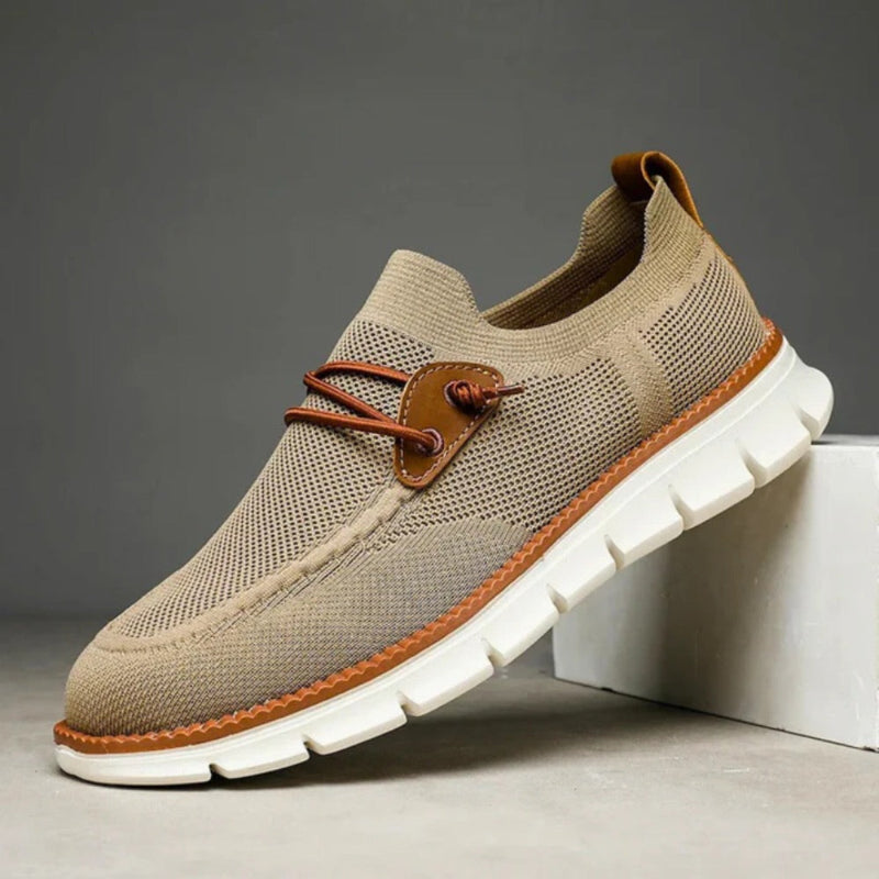 Davide Mesh Lightweight Shoes in beige with breathable knit upper and flexible white sole, modern casual men’s sneakers
