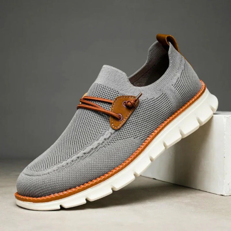 Gray Davide Mesh Lightweight Shoes with knitted mesh design and brown leather lace detail, lightweight casual footwear