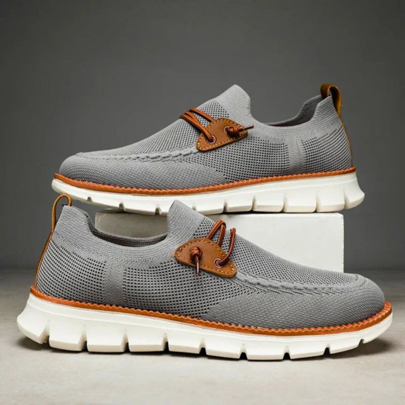 Davide Mesh Lightweight Shoes in gray, shown as a pair with flexible knit material and contrast stitching
