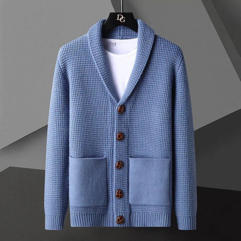Domenico Cable Wool Cardigan in blue – luxury men’s shawl collar knit cardigan with textured cable pattern and wooden buttons by Polumi.