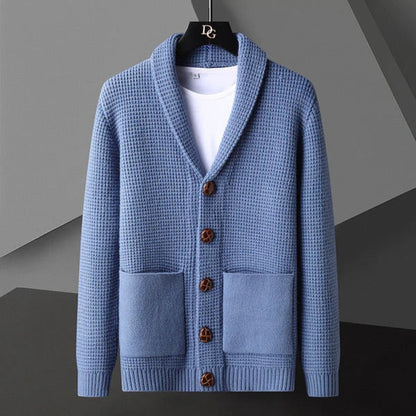 Domenico Cable Wool Cardigan in blue – luxury men’s shawl collar knit cardigan with textured cable pattern and wooden buttons by Polumi.