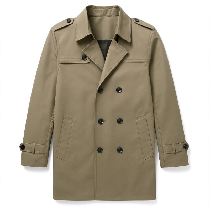 Edoardo Exclusive Overcoat in beige, men’s double-breasted trench coat flat lay with button details and shoulder epaulettes.