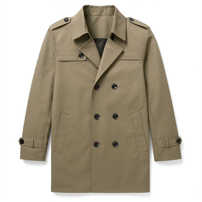 Edoardo Exclusive Overcoat in beige, men’s double-breasted trench coat flat lay with button details and shoulder epaulettes.