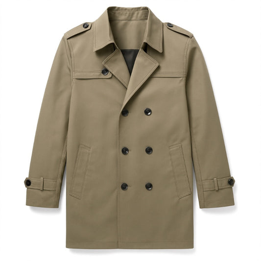 Edoardo Exclusive Overcoat in beige, men’s double-breasted trench coat flat lay with button details and shoulder epaulettes.