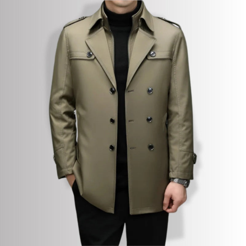  Edoardo Exclusive Overcoat in beige, men’s stylish trench coat worn with black turtleneck, front view.