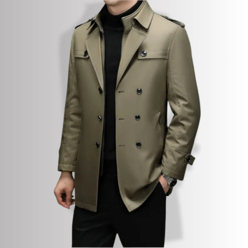  Edoardo Exclusive Overcoat in beige, men’s double-breasted overcoat side view showing refined tailoring.