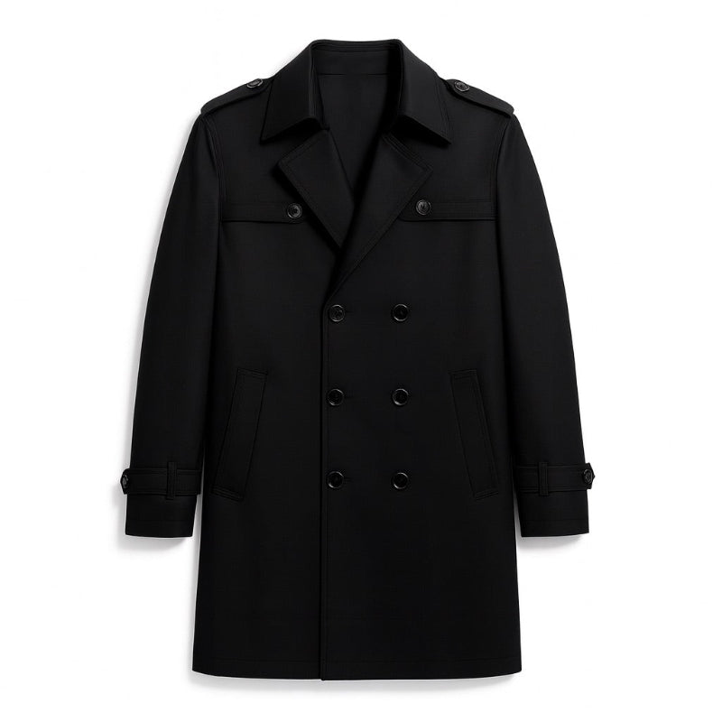 Edoardo Exclusive Overcoat in black, classic men’s overcoat flat lay with structured design and belt cuffs.