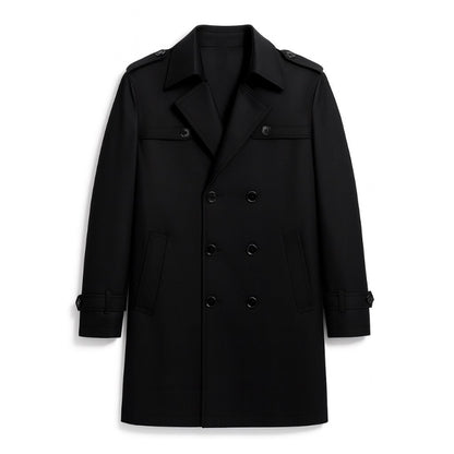 Edoardo Exclusive Overcoat in black, classic men’s overcoat flat lay with structured design and belt cuffs.