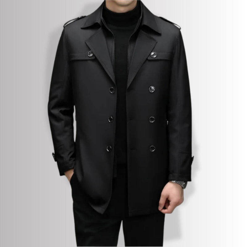 Edoardo Exclusive Overcoat in black, modern men’s overcoat front view with sharp, sophisticated fit.