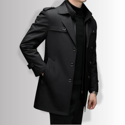 Edoardo Exclusive Overcoat in black, men’s luxury double-breasted trench coat side view on model.