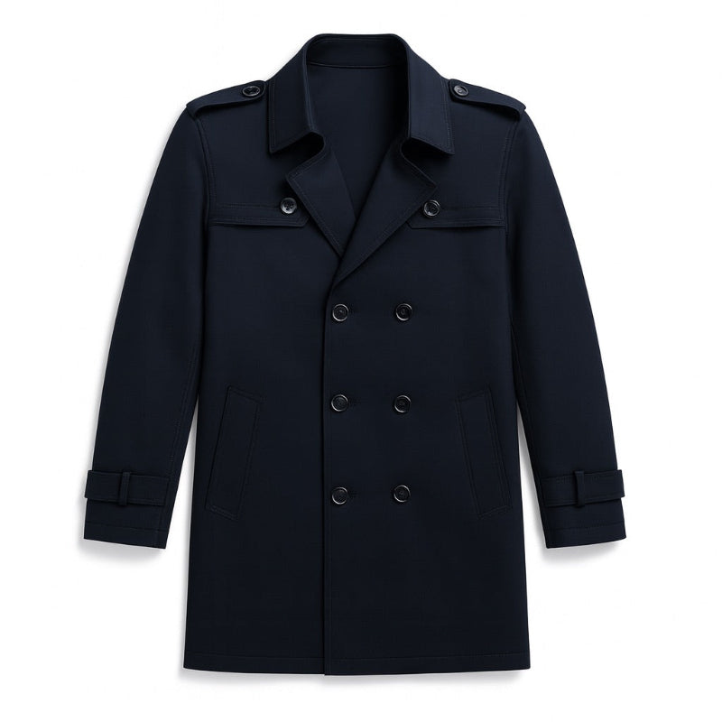 Edoardo Exclusive Overcoat in navy blue, elegant men’s double-breasted overcoat flat lay with tailored fit.