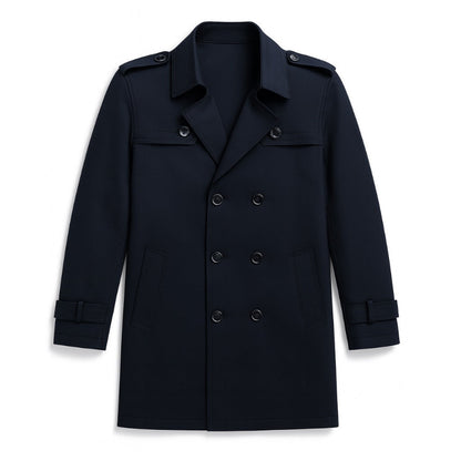 Edoardo Exclusive Overcoat in navy blue, elegant men’s double-breasted overcoat flat lay with tailored fit.
