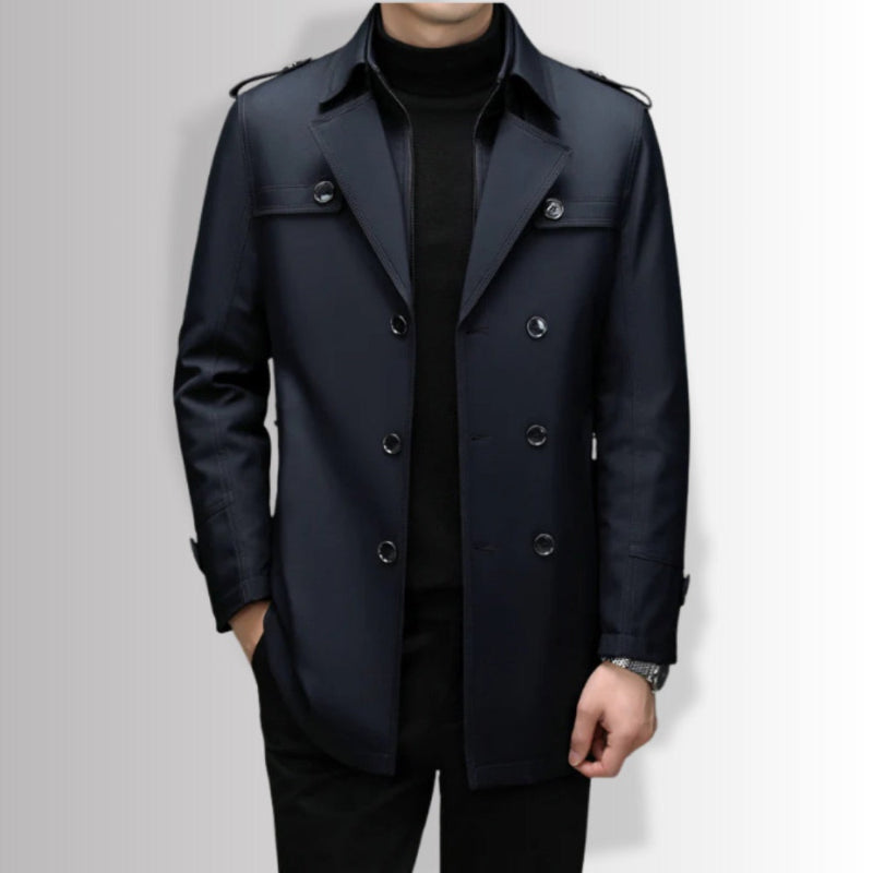 Edoardo Exclusive Overcoat in navy blue, men’s elegant trench coat front view with polished buttons.