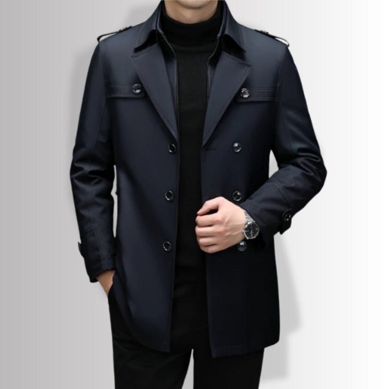 Edoardo Exclusive Overcoat in navy, side view highlighting structured shoulders and clean silhouette.