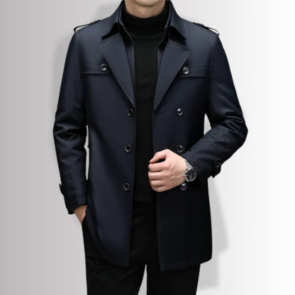 Edoardo Exclusive Overcoat in navy, side view highlighting structured shoulders and clean silhouette.