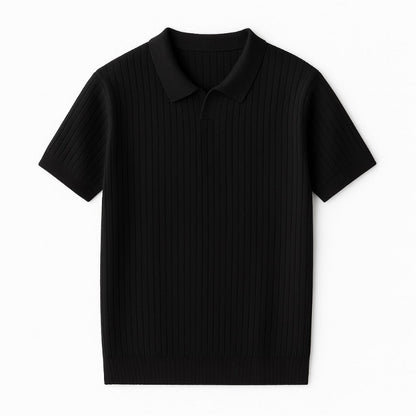 Black knitted polo shirt for men with ribbed structure and modern fit – Ermenegildo Flex Knitted Polo by Polumi.