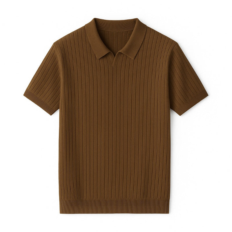 Brown ribbed knitted polo shirt with collar, minimal design and luxury summer texture – Ermenegildo Flex Knitted Polo by Polumi.