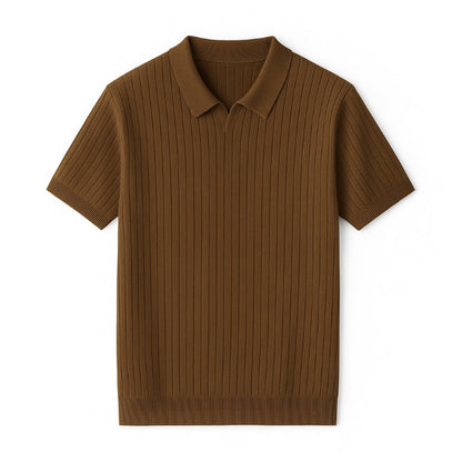 Brown ribbed knitted polo shirt with collar, minimal design and luxury summer texture – Ermenegildo Flex Knitted Polo by Polumi.