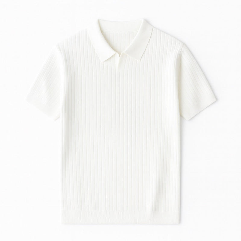 Elegant short-sleeve knitted polo shirt in white color, showcasing ribbed texture and classic collar – Ermenegildo Flex Knitted Polo by Polumi.