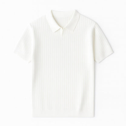 Elegant short-sleeve knitted polo shirt in white color, showcasing ribbed texture and classic collar – Ermenegildo Flex Knitted Polo by Polumi.