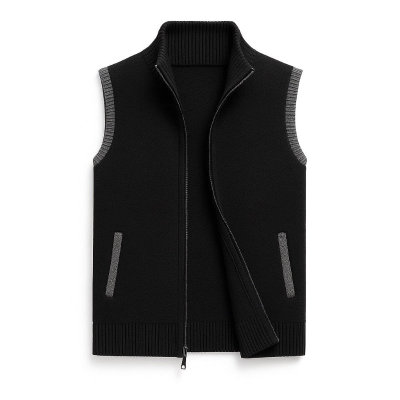 Ermenegildo Full-Zip Vest black – versatile men's sleeveless knit vest in soft wool with full-zip and ribbed details.