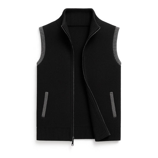 Ermenegildo Full-Zip Vest black – versatile men's sleeveless knit vest in soft wool with full-zip and ribbed details.