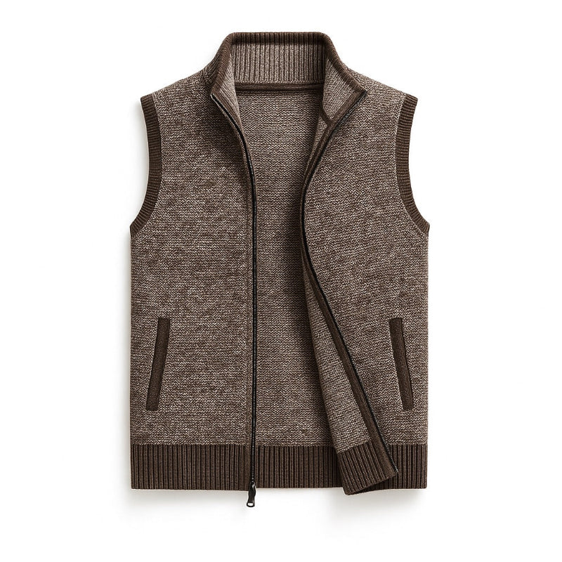 Ermenegildo Full-Zip Vest brown – men's refined knit gilet in premium wool with zip fastening and ribbed hem for elegant comfort.