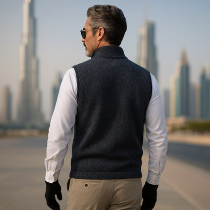 Ermenegildo Full-Zip Vest Dubai Back View – Back view of the navy full-zip vest highlighting its tailored cut and texture.
