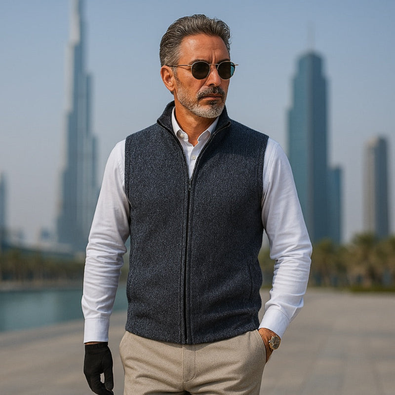 Ermenegildo Full-Zip Vest Dubai Front View – Mature model wearing the navy vest in front view with Burj Khalifa in the background.