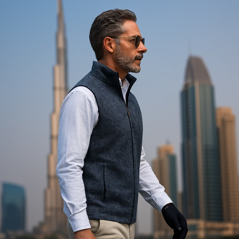 Ermenegildo Full-Zip Vest Dubai Side View – Side shot of the model wearing the navy vest, showing fine craftsmanship and structure.