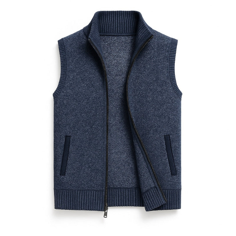 Ermenegildo Full-Zip Vest navy – elegant men's wool knit gilet with front zip, ribbed collar, and refined Italian style.
