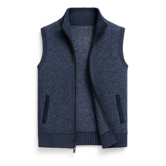 Ermenegildo Full-Zip Vest navy – elegant men's wool knit gilet with front zip, ribbed collar, and refined Italian style.
